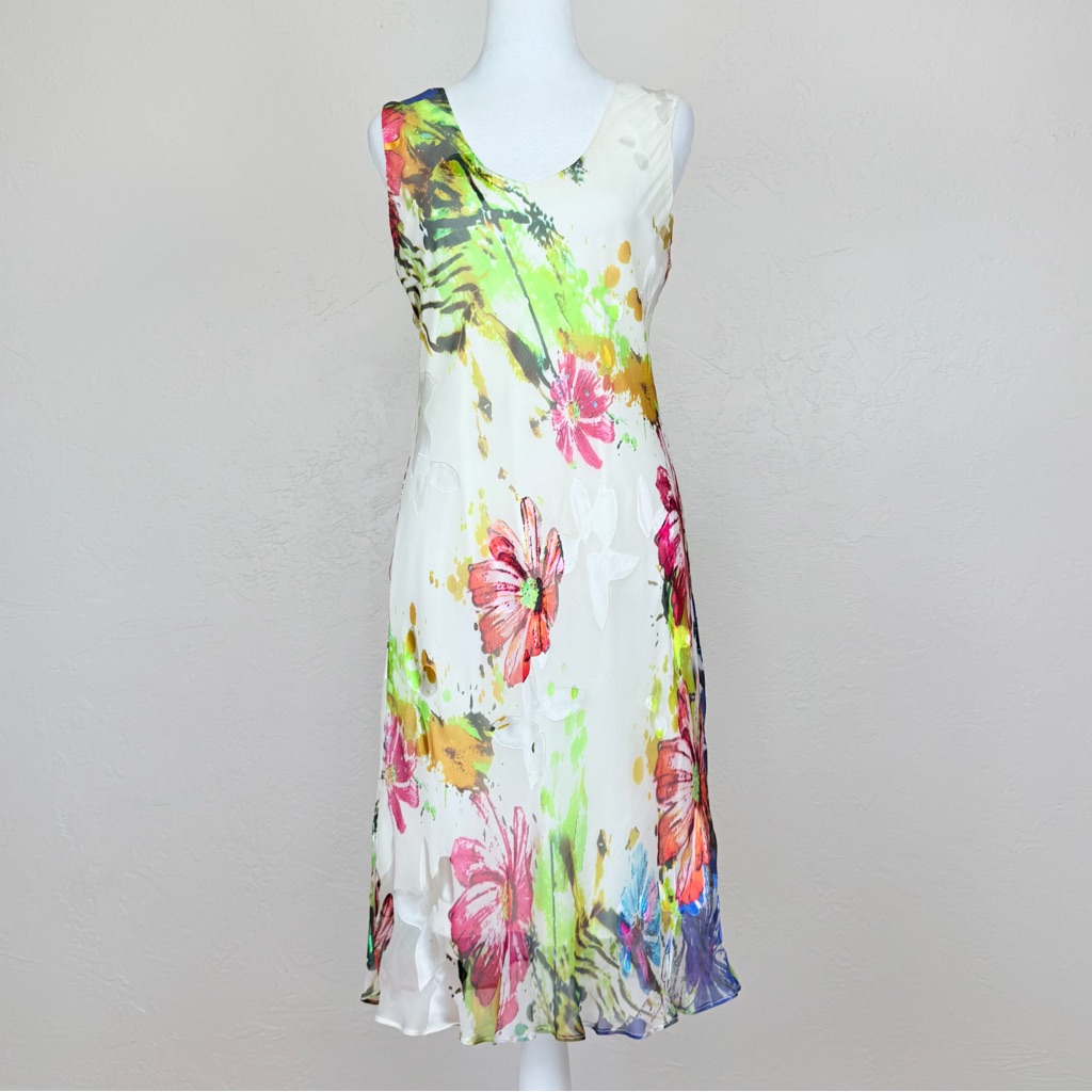Vintage 1990s Simply Silk Watercolor Floral Burnout Bias Cut Sleeveless Dress M